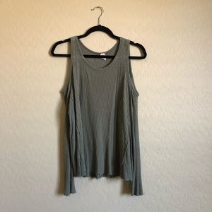 Open shoulder olive sweater with raw hem